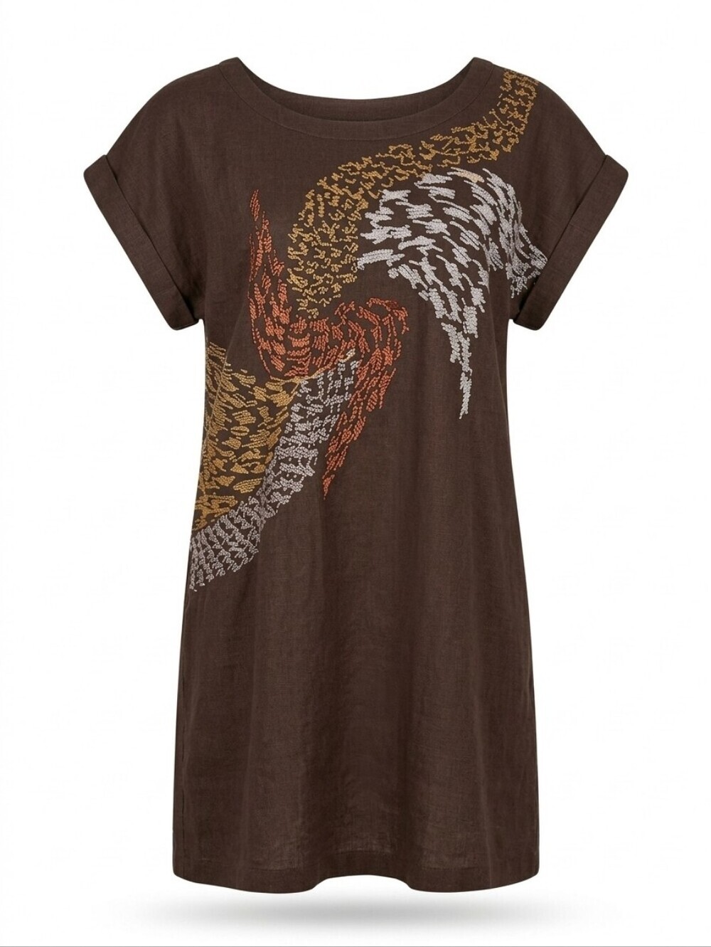 697h Poema Brown Embroidered Wing Shift Dress / Tunic - Size Large